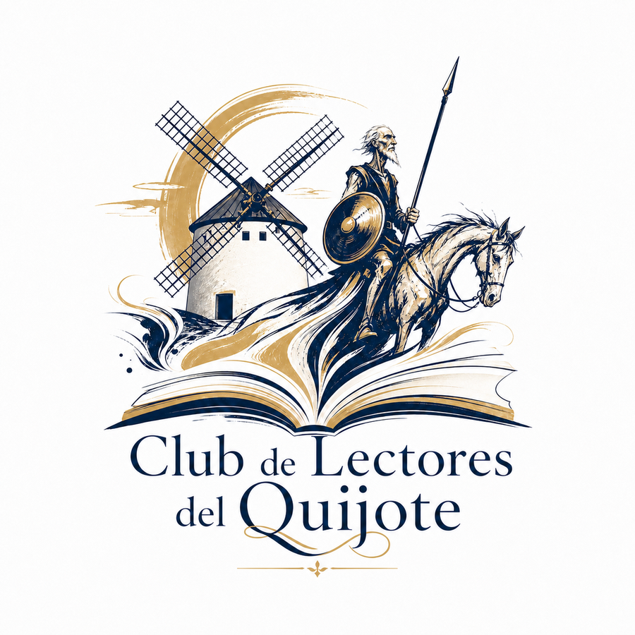 Club de Lectores del Quijote: don Quijote a caballo saliendo de un libro abierto, con un molino de viento